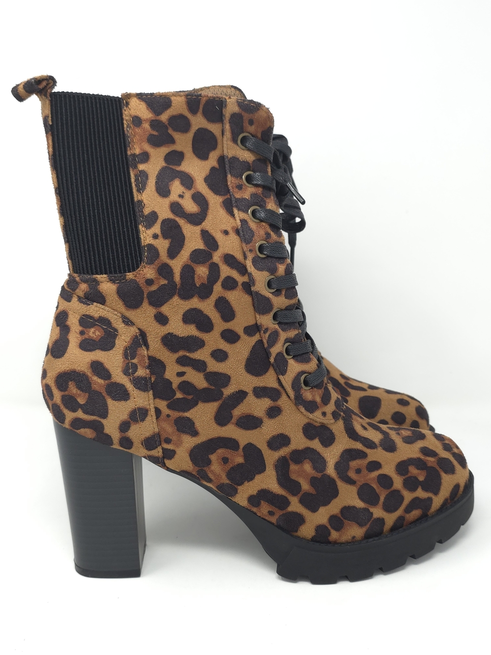 Leopard Print Chunky Heel Ankle Boots Faux Suede Lace Up Platform Zipper Trendy - Picture 3 of 12